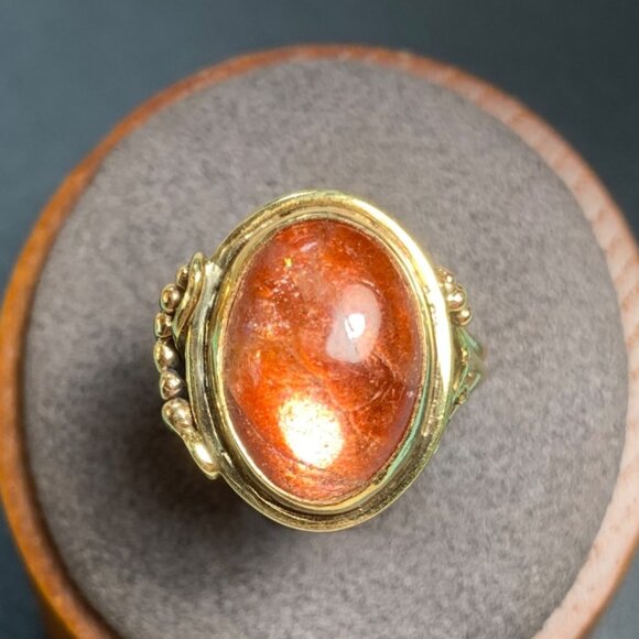 Handmade 14KY Gold Feldspar Sunstone Ring Split Shank Beaded Scroll Design SZ 6 - Picture 1 of 10